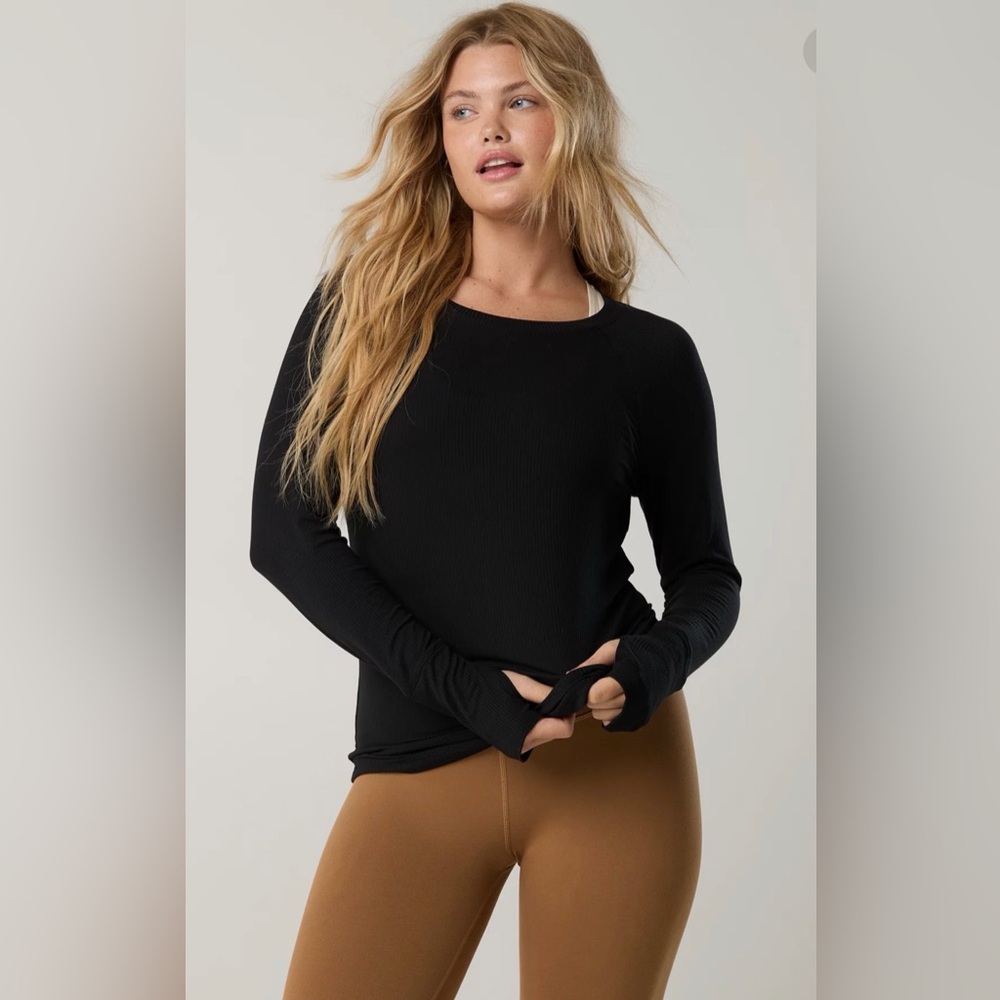 OFFLINE By Aerie Thumbs Up Ribbed Raglan Long Sleeve T-Shirt XS Black